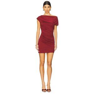 SNDYS Off-Shoulder Ruched Mini Dress in Burgundy